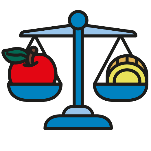 Illustration, Apfel und Münze auf Waage